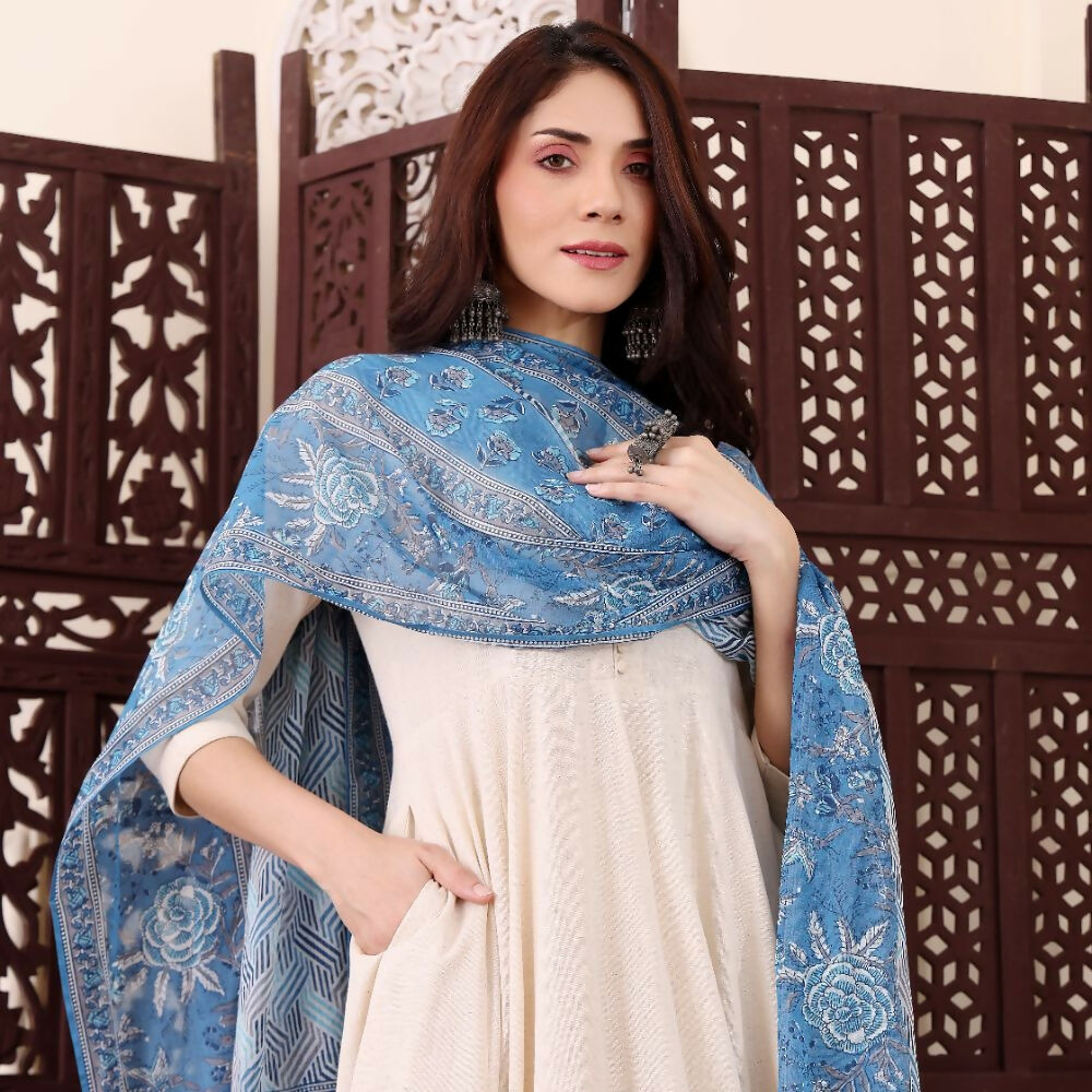 The52 Women's Beautiful Solid Chanderi Silk Fabric Flared Anarkali Pant and Dupatta Set | Grocsy