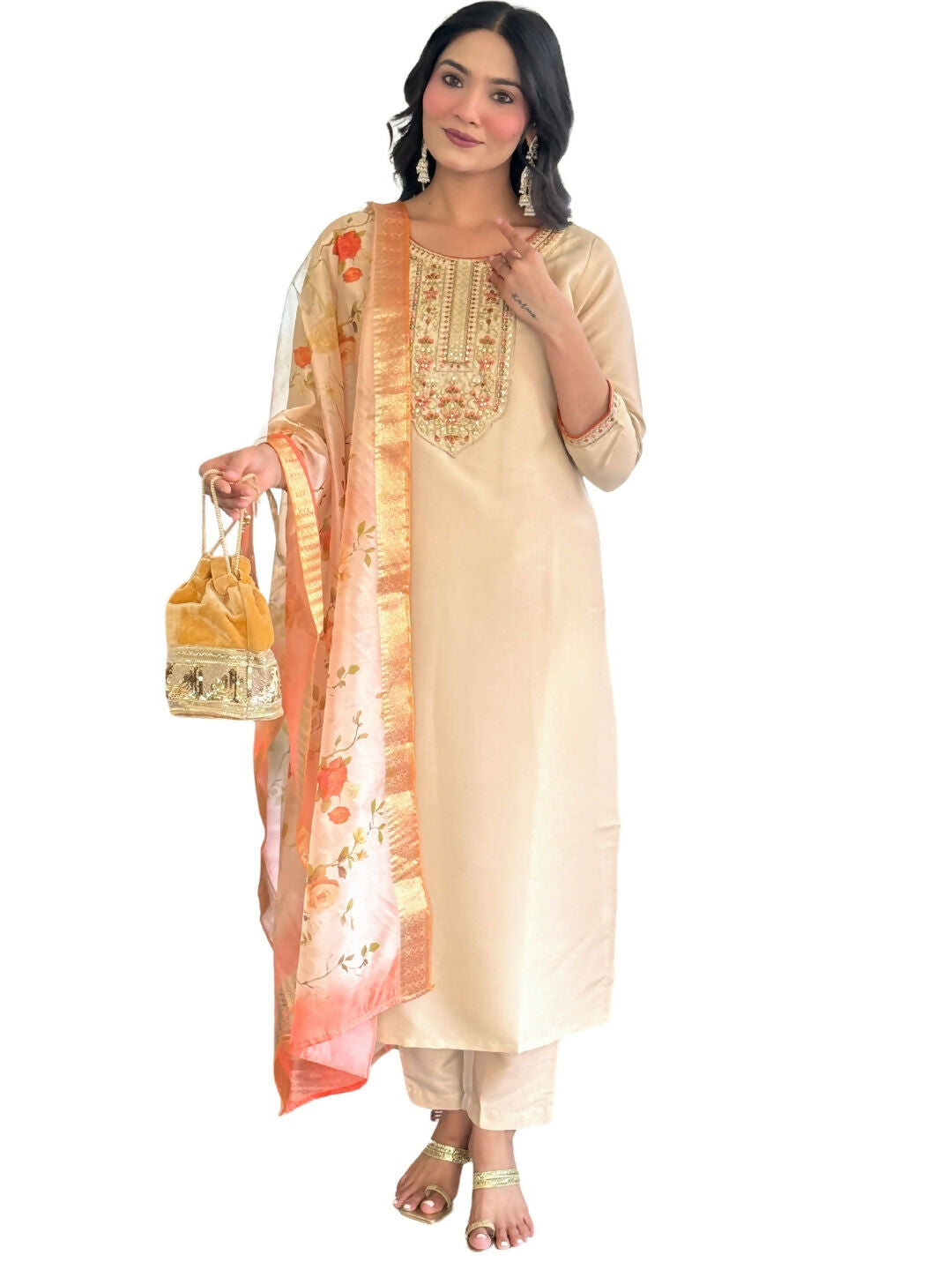 The52 Chiku Women's Beautiful Rayon Fabric Embroidered Work Straight Kurta Pant and Dupatta Set | Grocsy