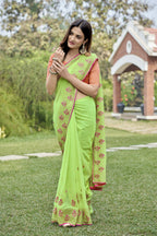 Vamsee Rashmika 2.0 Green Georgette Silk Saree | Grocsy