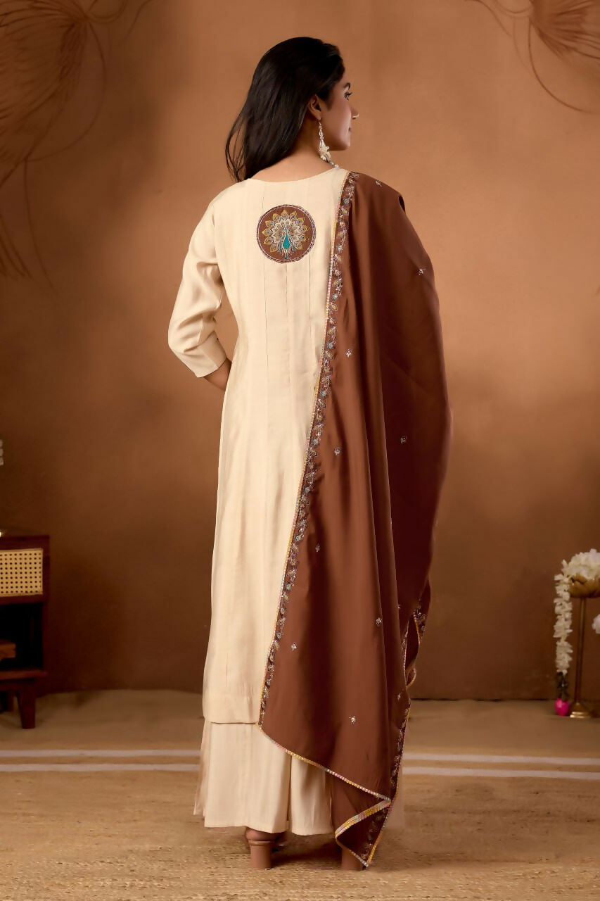 Lehenga Mart Designer Front-Slit Kurta, Paired With Wide-Leg Palazzo Pants And A Dupatta.-Cream | Grocsy