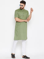 Even Apparels Green Color Pure Cotton Men's Kurta With Band Collar | Grocsy