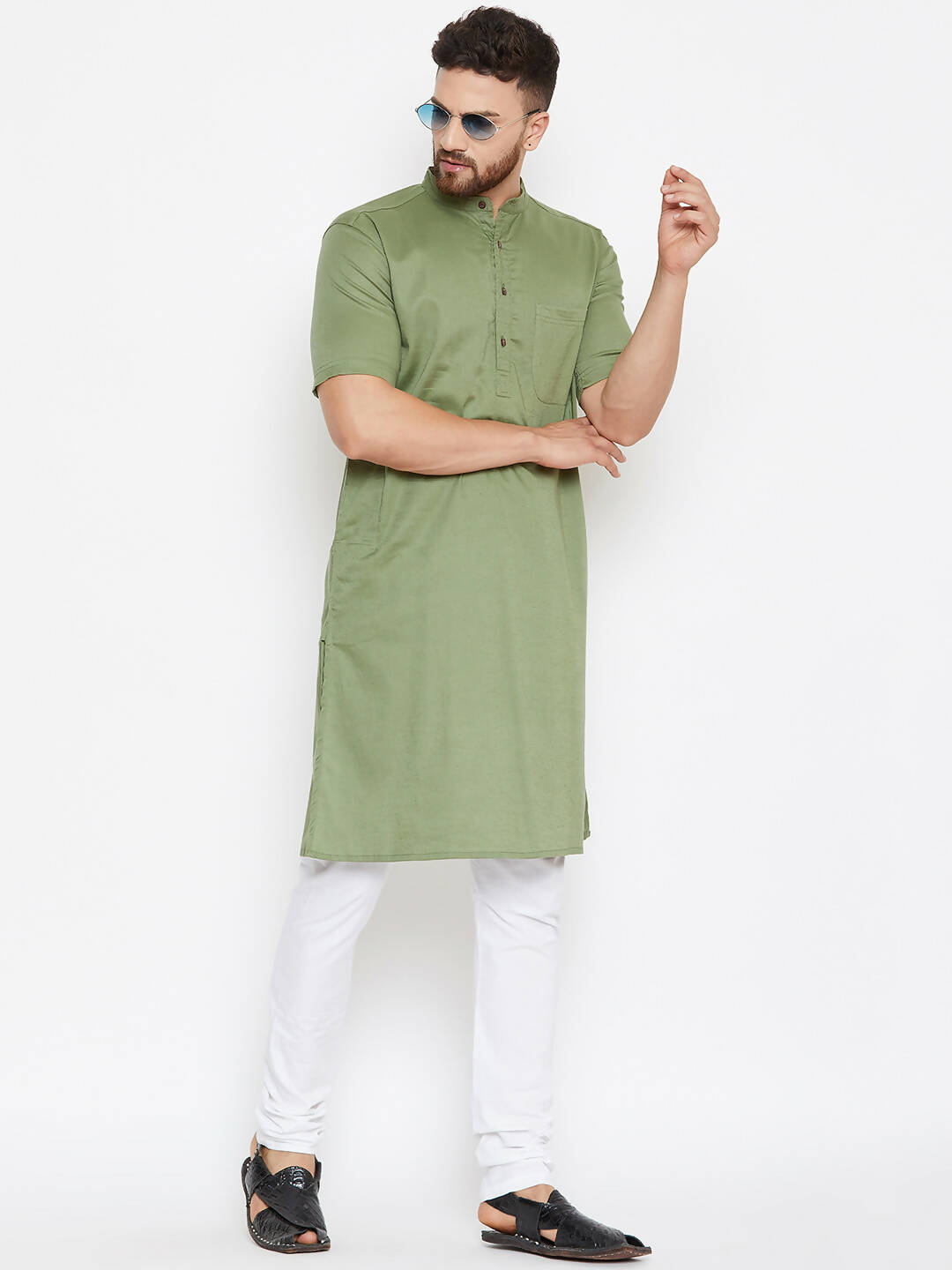 Even Apparels Green Color Pure Cotton Men's Kurta With Band Collar | Grocsy