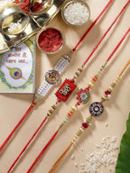 NVR Men Set of 4 Gold-Toned Stone-Studded & Beaded Rakhi With Roli Chawal & Chocolate | Grocsy