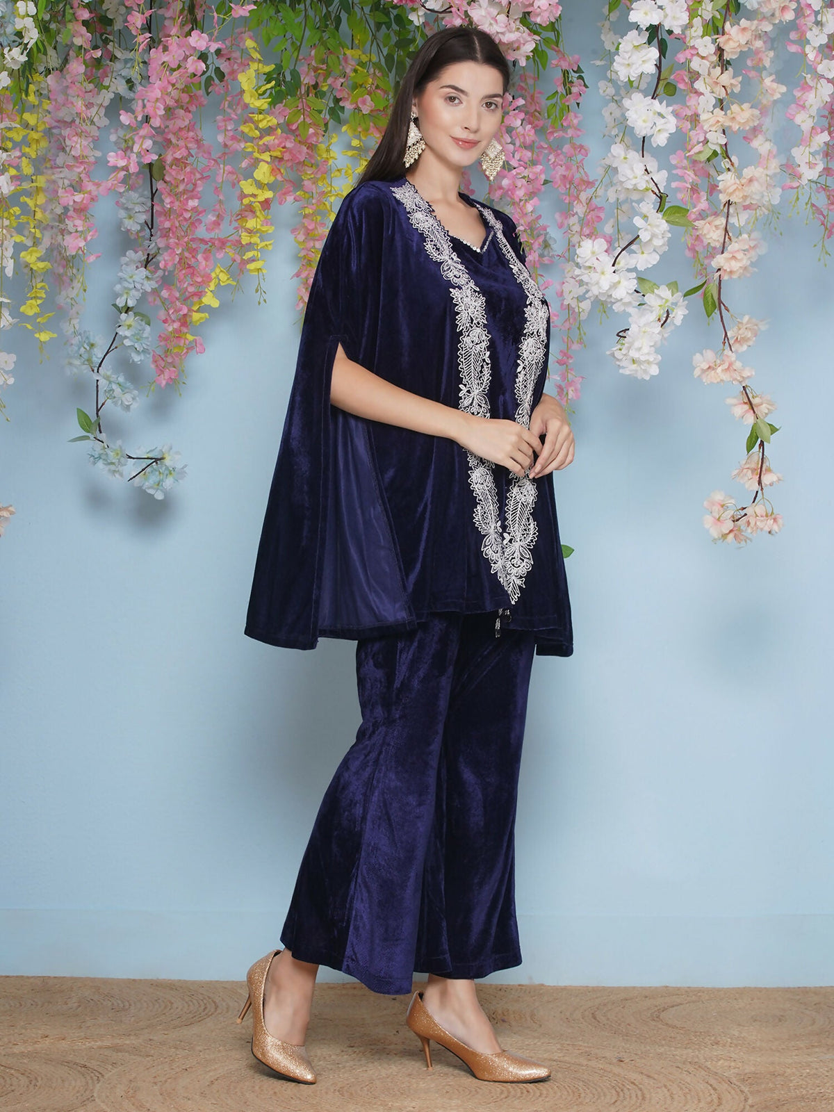 Joban Fashion Navy Blue Velvet Cape Set | Grocsy