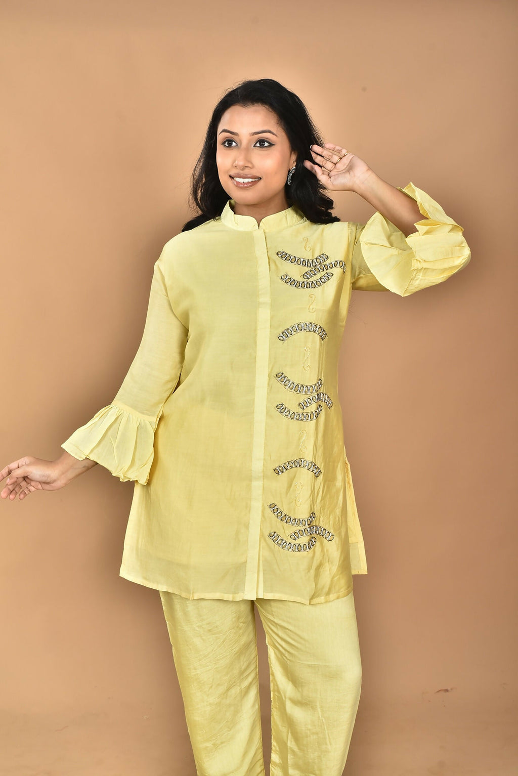 Morchari Women Hand Embroidery Co-Ords-Yellow | Grocsy