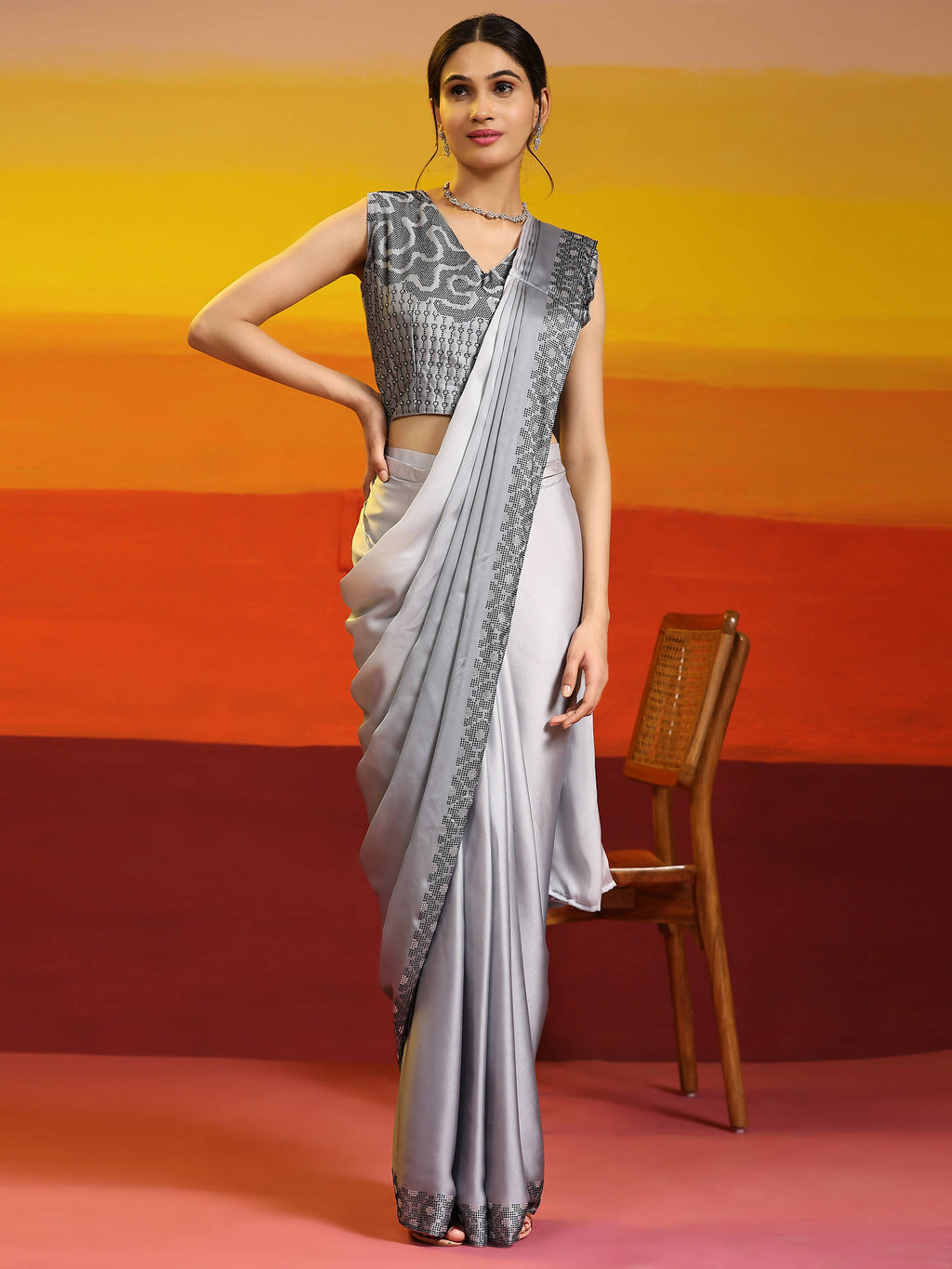 Grey Ombre Satin Georgette Plain Ready to wear Saree with stitched Blouse - Vrinda | Grocsy