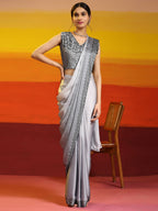 Grey Ombre Satin Georgette Plain Ready to wear Saree with stitched Blouse - Vrinda | Grocsy
