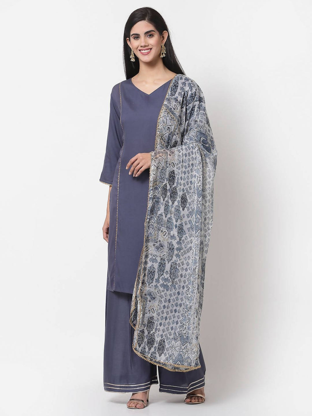Myshka Women's Grey Viscose Solid 3/4 Sleeve V Neck Casual Kurta Palazzo Dupatta Set | Grocsy