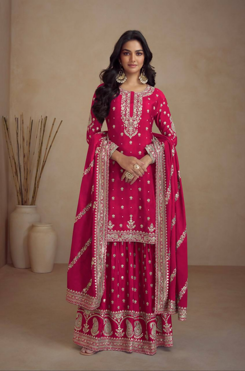 Lorenvalley Fashion Pink Chinon Embroidery With Sequince Work Salwar Kameez Stitched | Grocsy