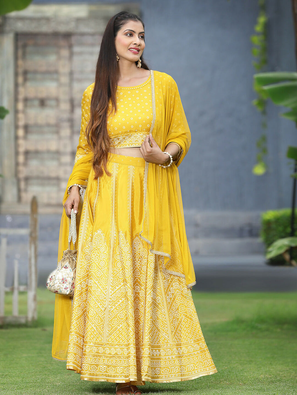Juniper Mustard Bandhani Printed Shantoon Slub Lehenga Choli & Net Dupatta Set. | Grocsy