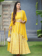 Juniper Mustard Bandhani Printed Shantoon Slub Lehenga Choli & Net Dupatta Set. | Grocsy