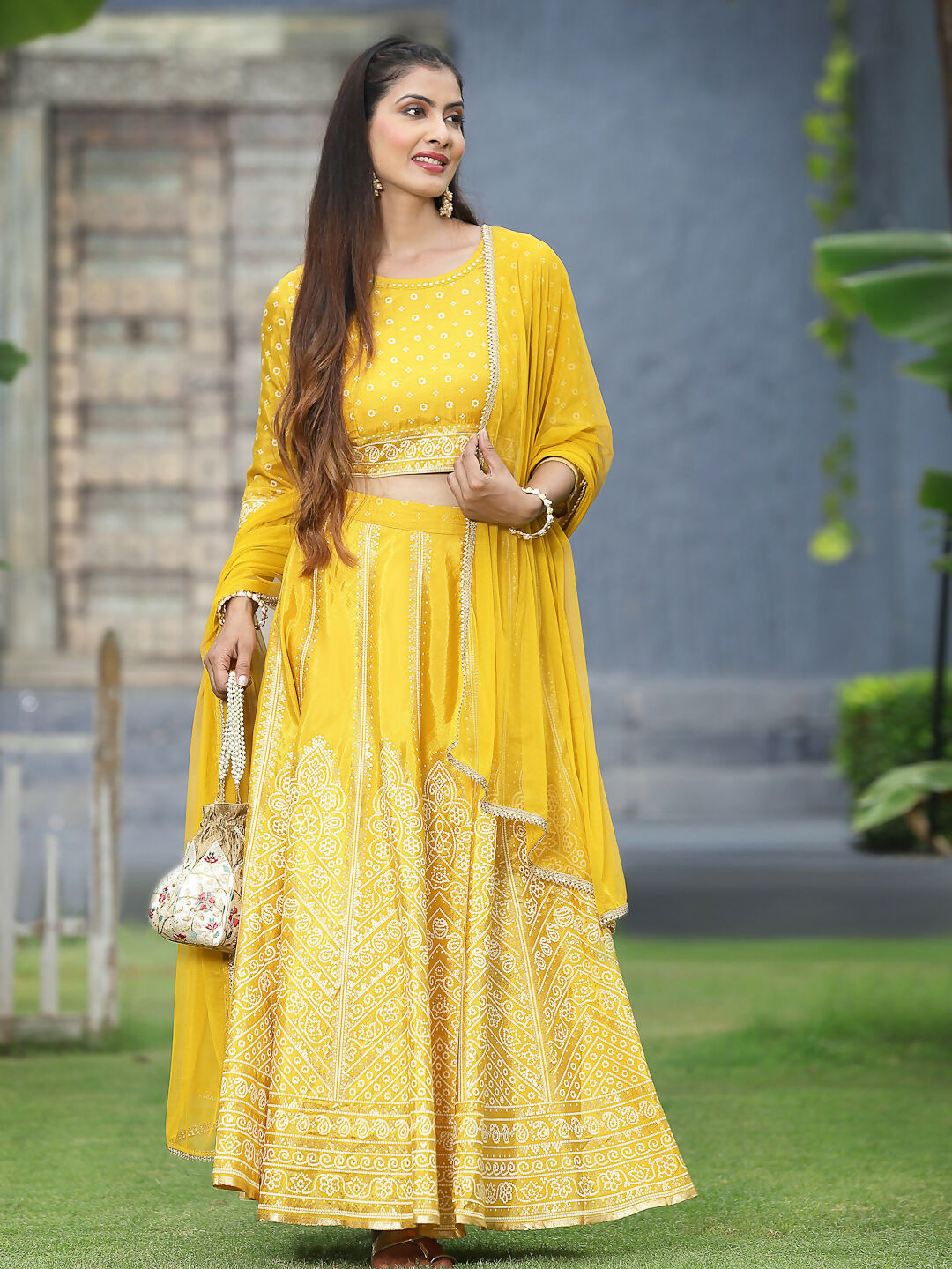 Juniper Mustard Bandhani Printed Shantoon Slub Lehenga Choli & Net Dupatta Set. | Grocsy