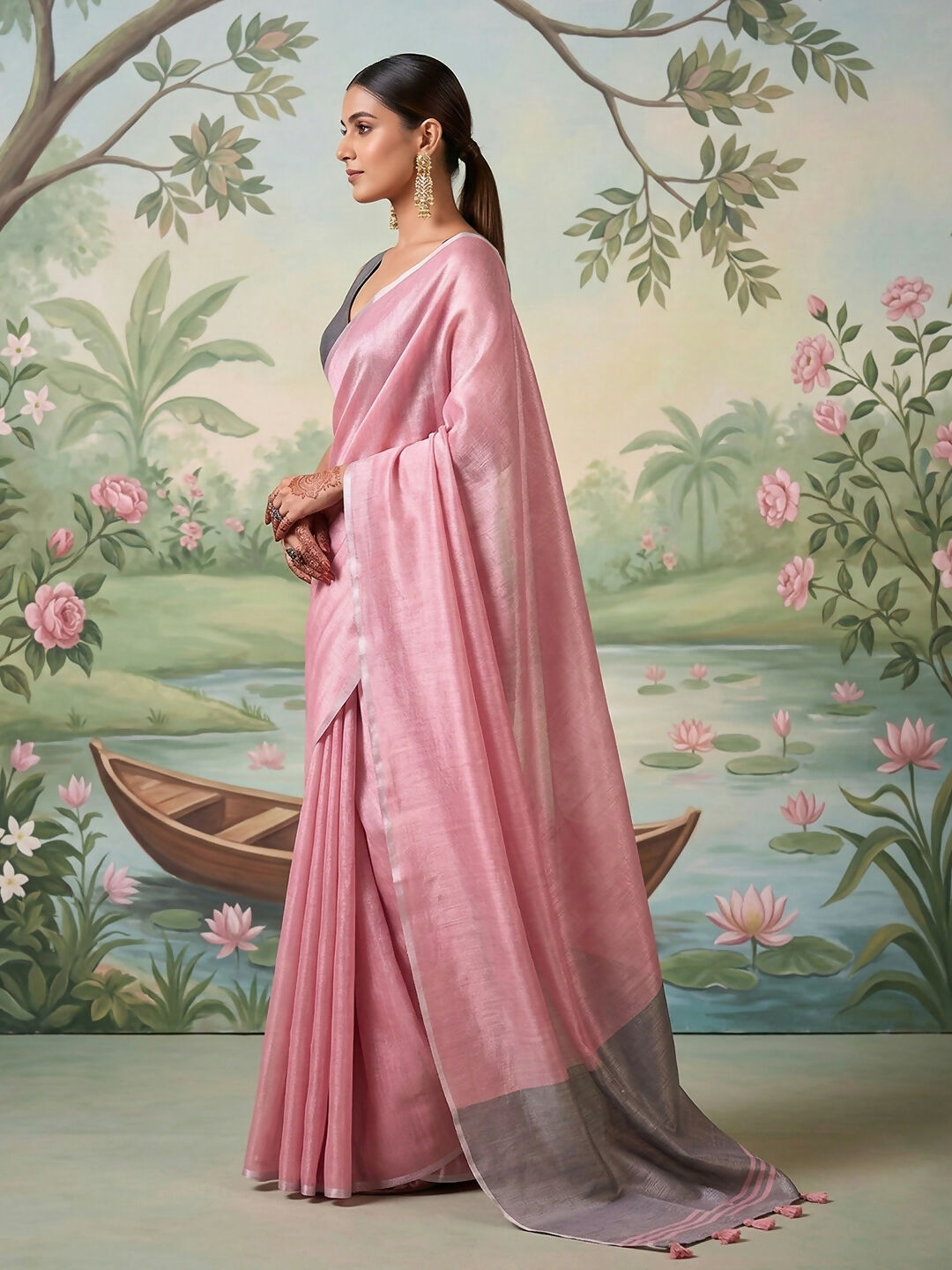 Shree Shyam Fashion Light Pink Tissue Silk Saree | Grocsy