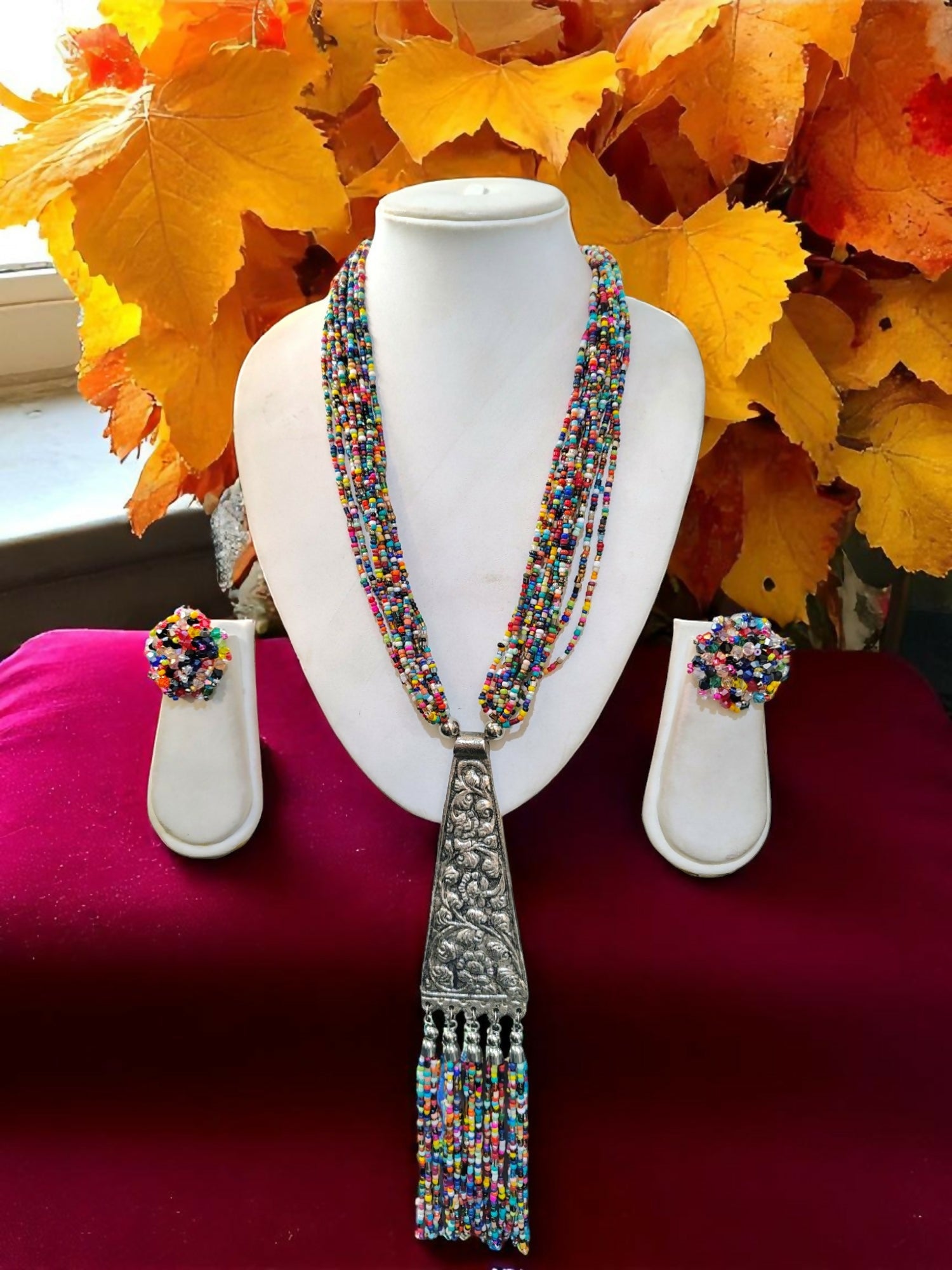 Inhanns Day-To-Dinner Tie Shaped Oxidized Black Metal Multi-Layered Long Necklace Set - Multicolor | Grocsy