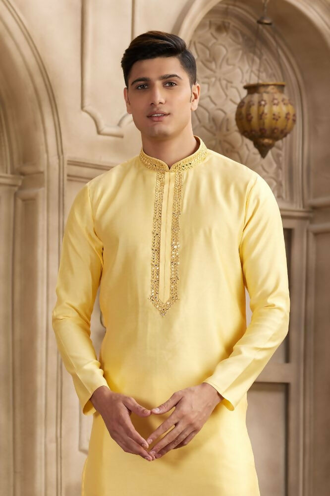 Raivat Ethnic Banarasi Art Silk Mirror Work Kurta Pajama In Yellow Colour | Grocsy