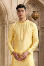 Raivat Ethnic Banarasi Art Silk Mirror Work Kurta Pajama In Yellow Colour | Grocsy