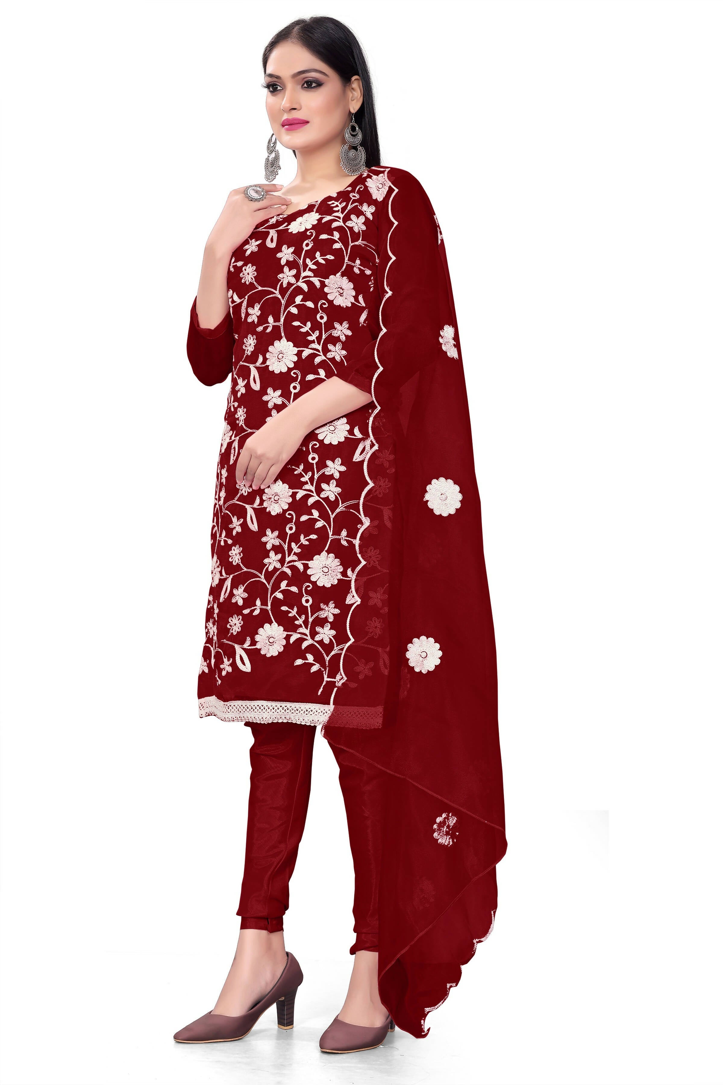Maroon Organza Silk Embroidered Work Unstitched Dress Material - Tanvi | Grocsy