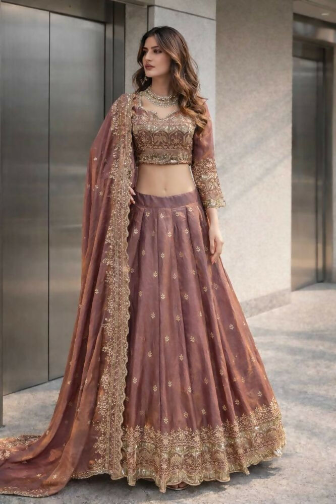 Teeya Creation Onion Color Fendy Satin Heavy Embroidery Work Wedding Wear Stitched Lehenga Choli | Grocsy