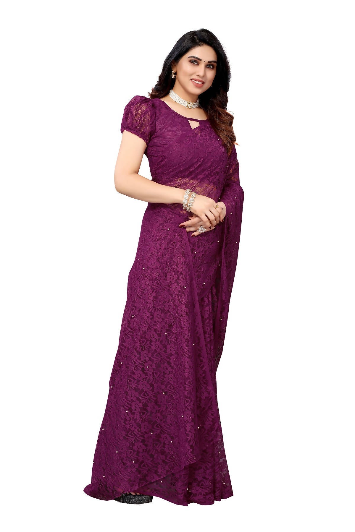 Vamika Ethnic Fire Purple Pearls Net Saree | Grocsy