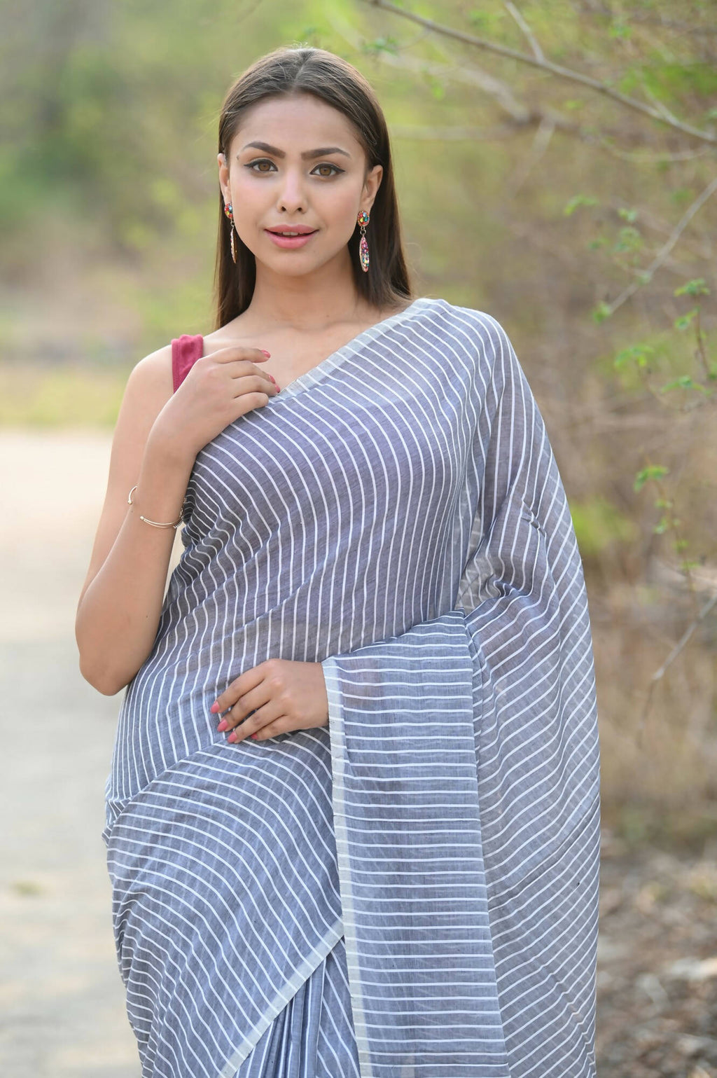 Very Much Indian Designer Pure Cotton Saree With All Over Linear Stripes - Sage Grey | Grocsy