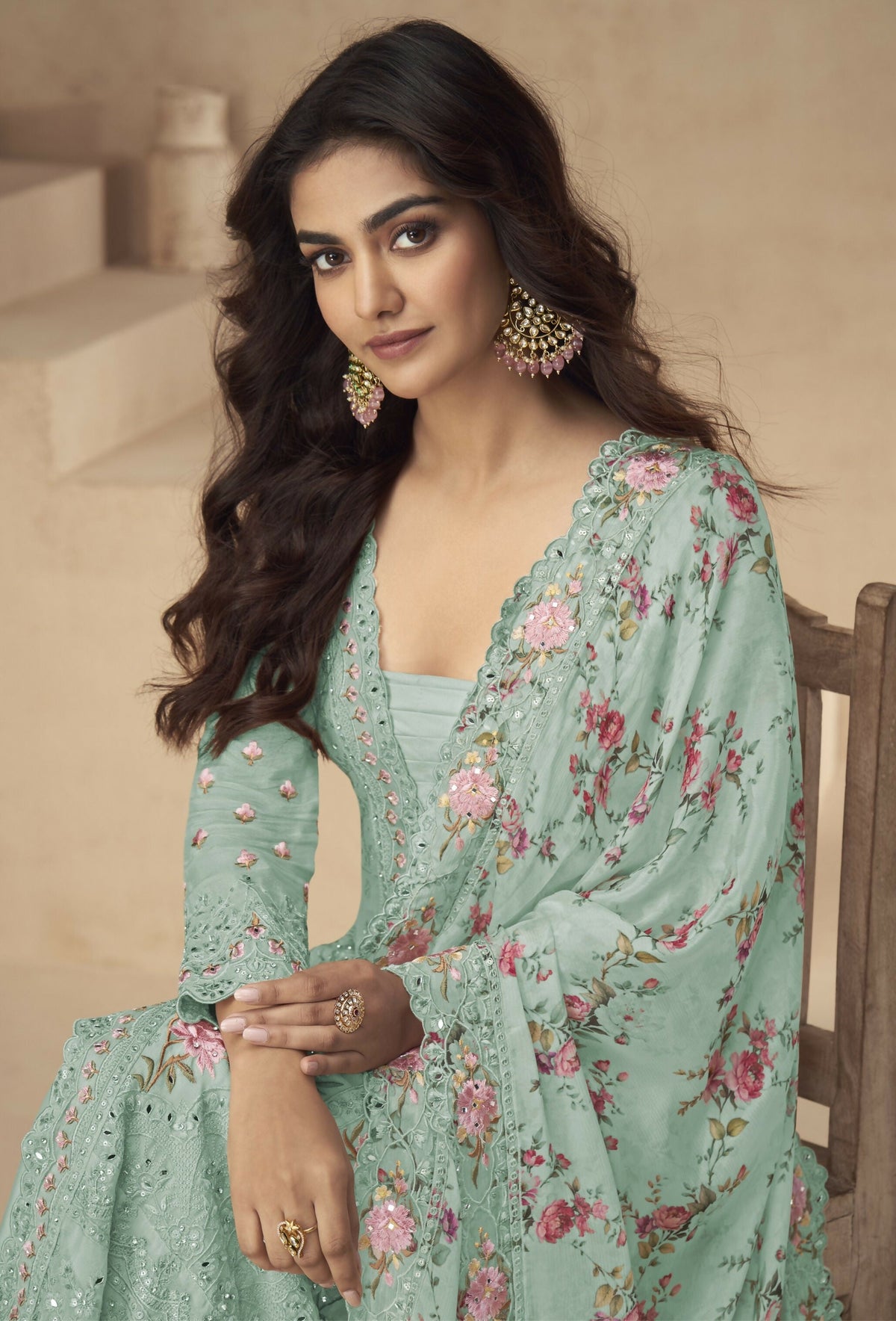 Anaita Sea-Green Chinon Readymade Suit with Embroidery Sequence Work | Grocsy