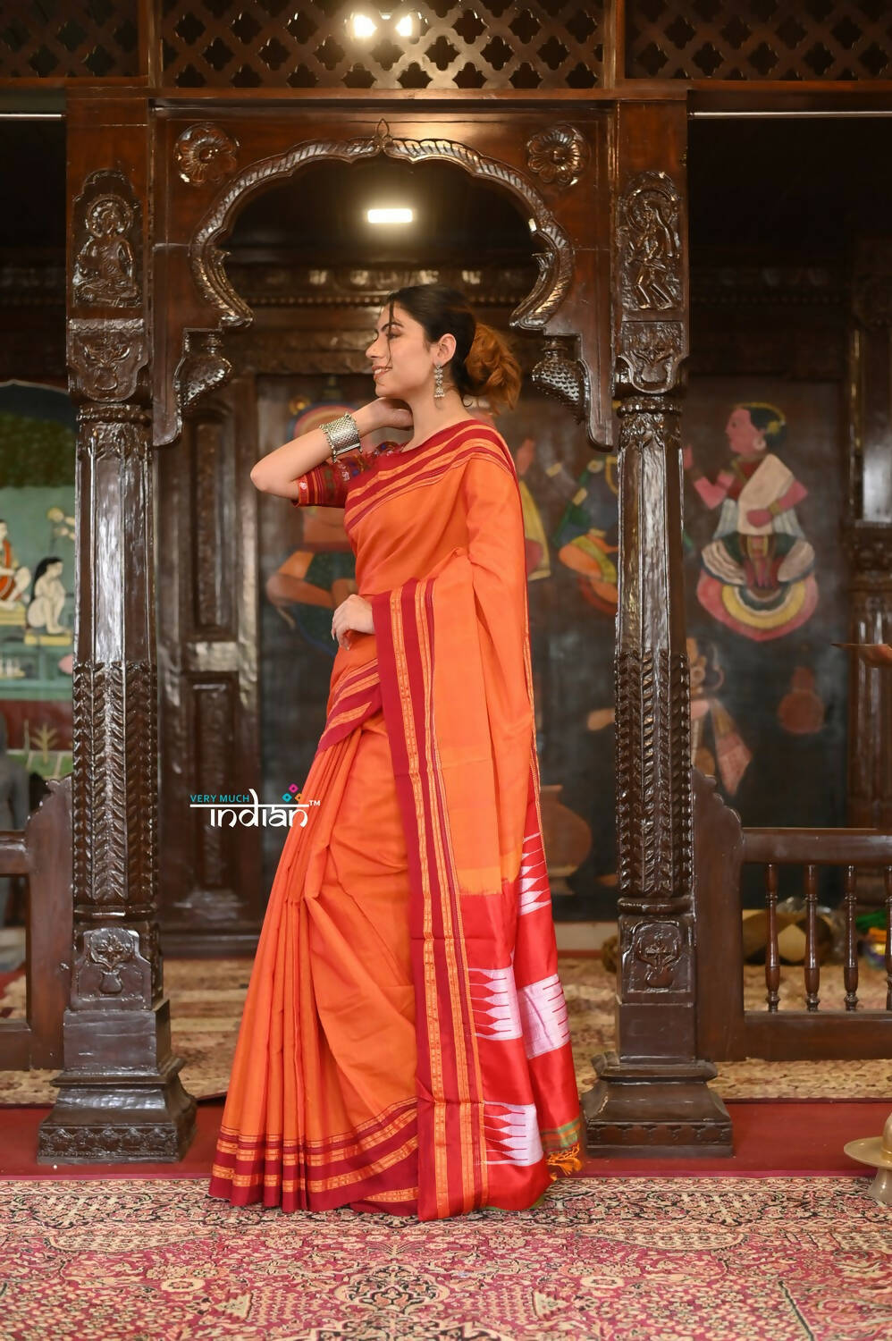 Very Much Indian Handloom Cotton Viscose Ilkal Saree Bright Orange With Red Border | Grocsy