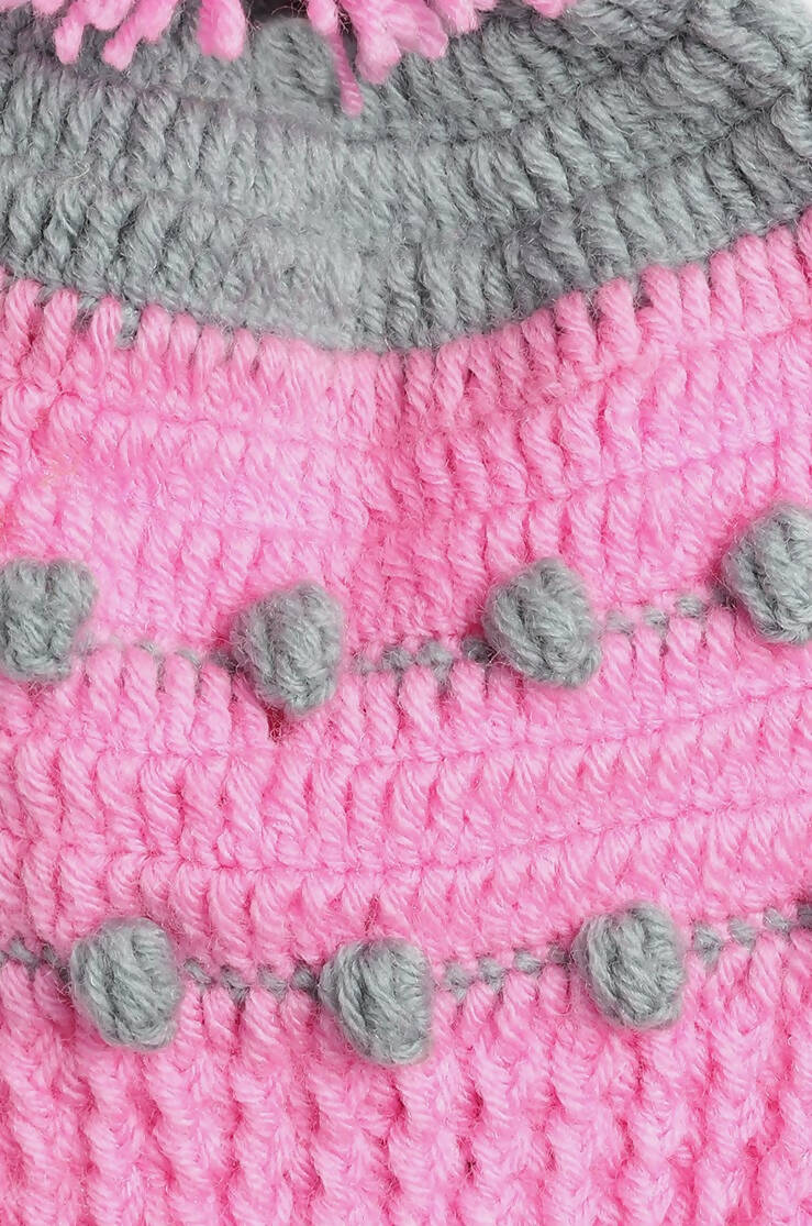 Chutput Kids Woollen Hand Knitted Pom Pom Detail Cap - Pink | Grocsy