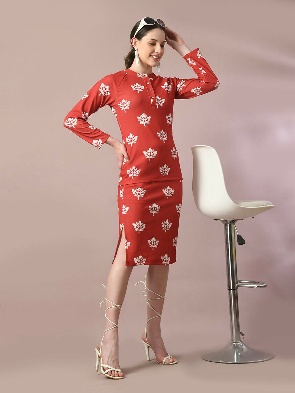 Myshka Women's Rust Printed Round Neck Party Top With Skirt Co-ord set | Grocsy