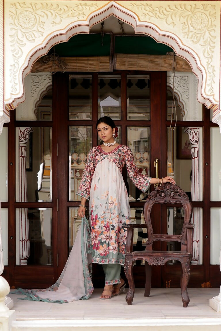 Vaasva Women Maroon Muslin Floral Printed Alia Cut Kurta, Pant & Dupatta set | Grocsy