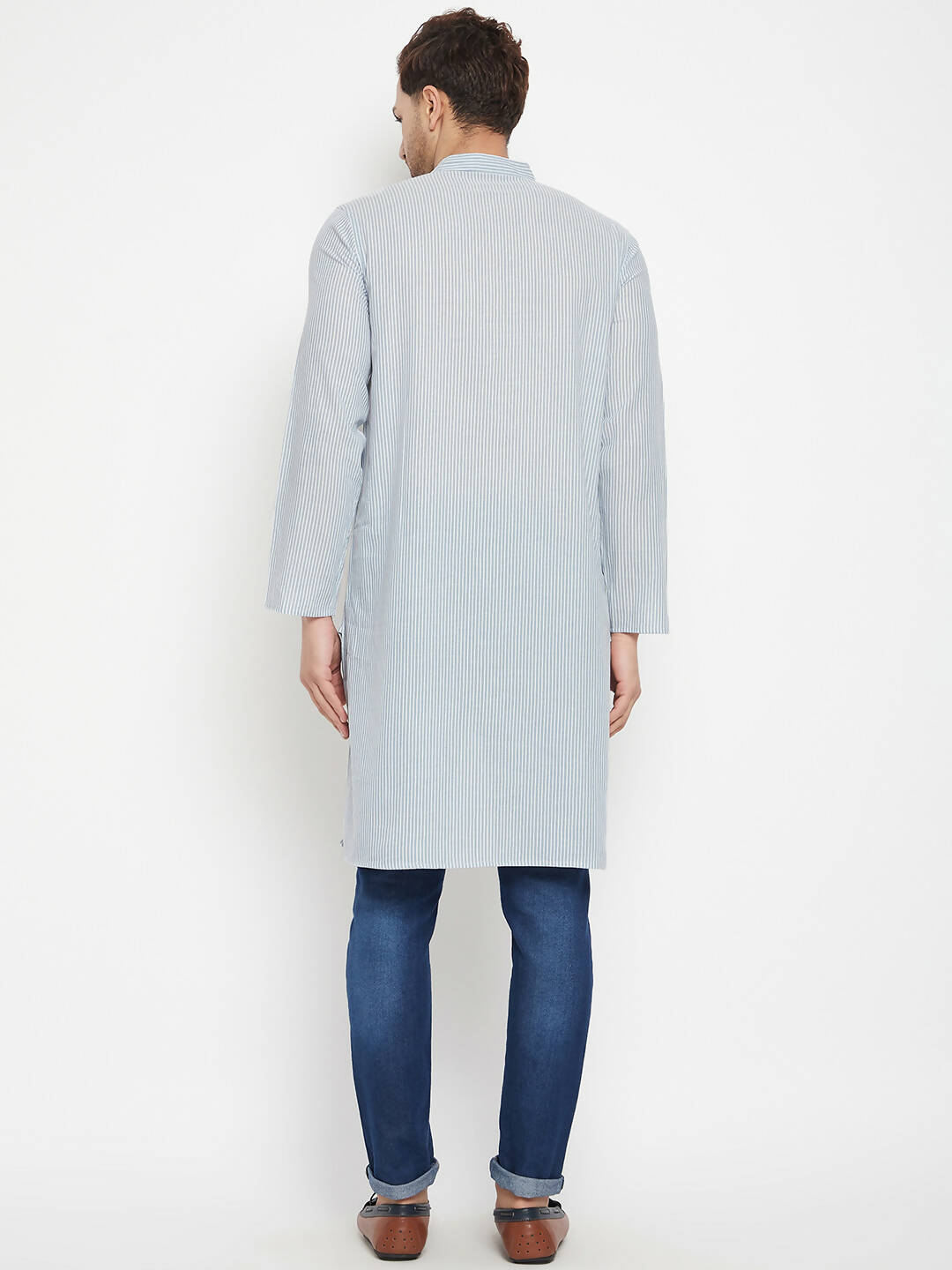 Even Apparels Grey Pure Cotton Men's Long Kurta With Band Collar | Grocsy