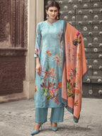 Jyoti Fashion Women's Sky Blue Velvet Floral Digital Printed Kurta with Trouser & Dupatta | Grocsy