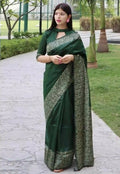 DEIANA'S Beautiful Designer Golden zari Soft Lichi Silk Saree - Green | Grocsy
