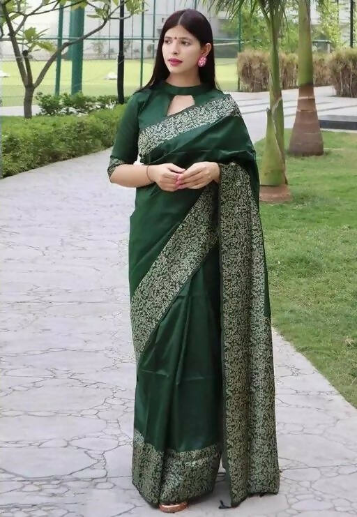 DEIANA'S Beautiful Designer Golden zari Soft Lichi Silk Saree - Green | Grocsy