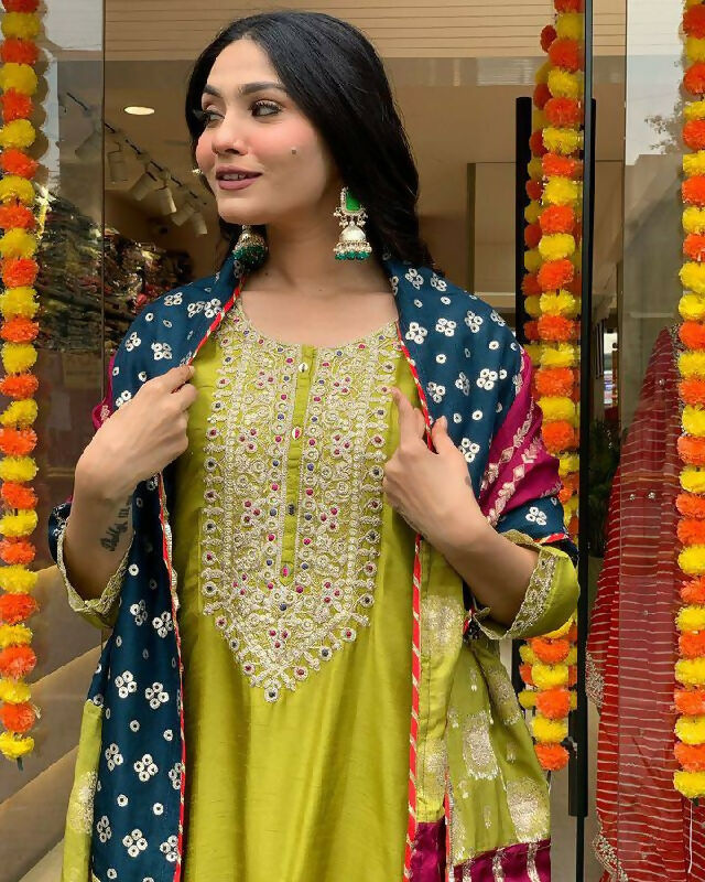 The52 Lemons Women's Gorgeous Embroidered Viscose Chanderi Fabric Straight Kurta Pant with Dupatta Set | Grocsy