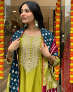 The52 Lemons Women's Gorgeous Embroidered Viscose Chanderi Fabric Straight Kurta Pant with Dupatta Set | Grocsy