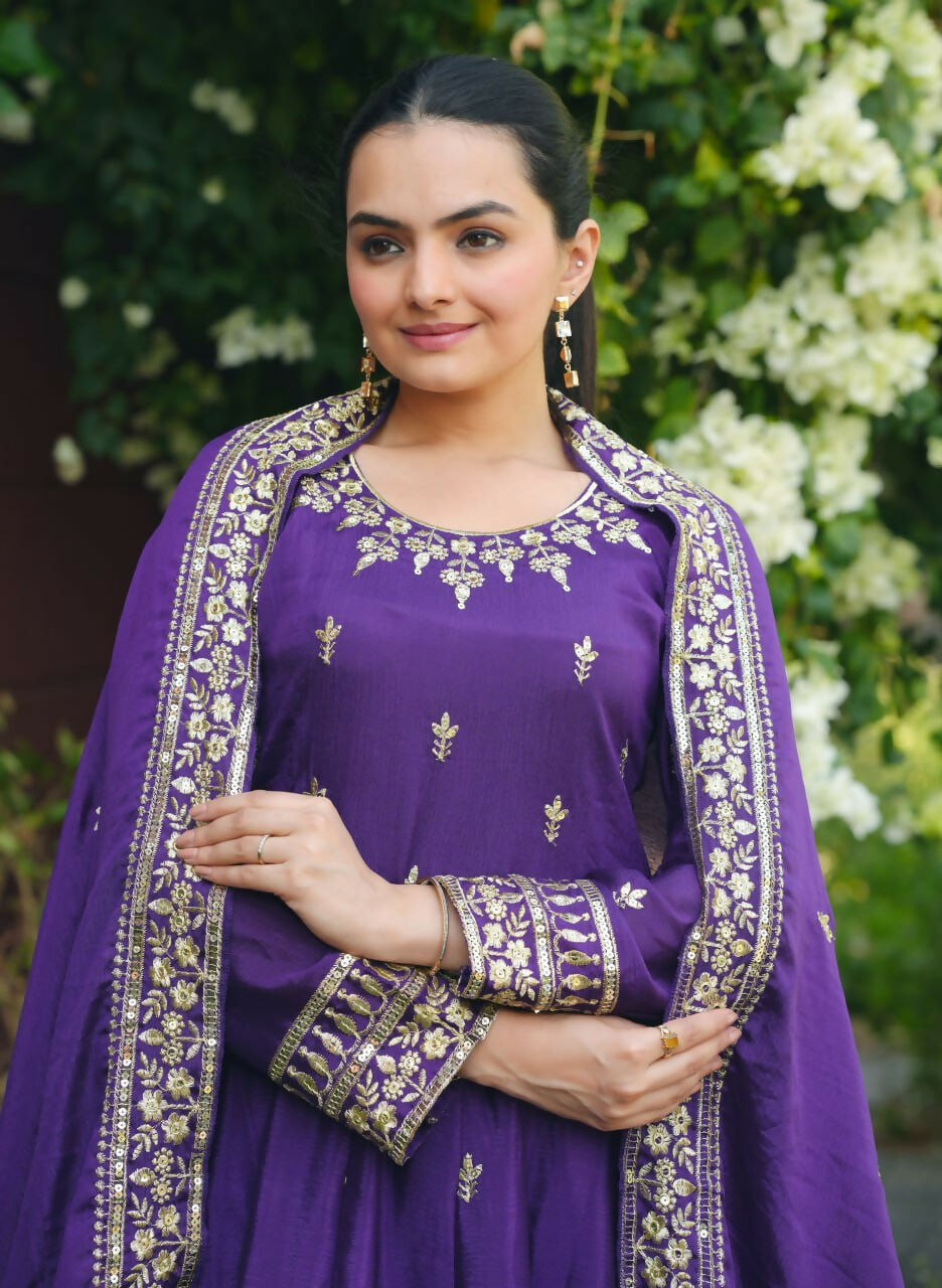 Teeya Creation Purple Color Chinon Silk Embroidery Work Long Gown | Grocsy
