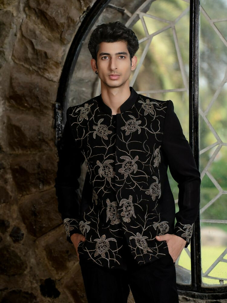 Classic Black Bandhgala Ensemble – Tortoise Embroidery by Hilo Design | Grocsy