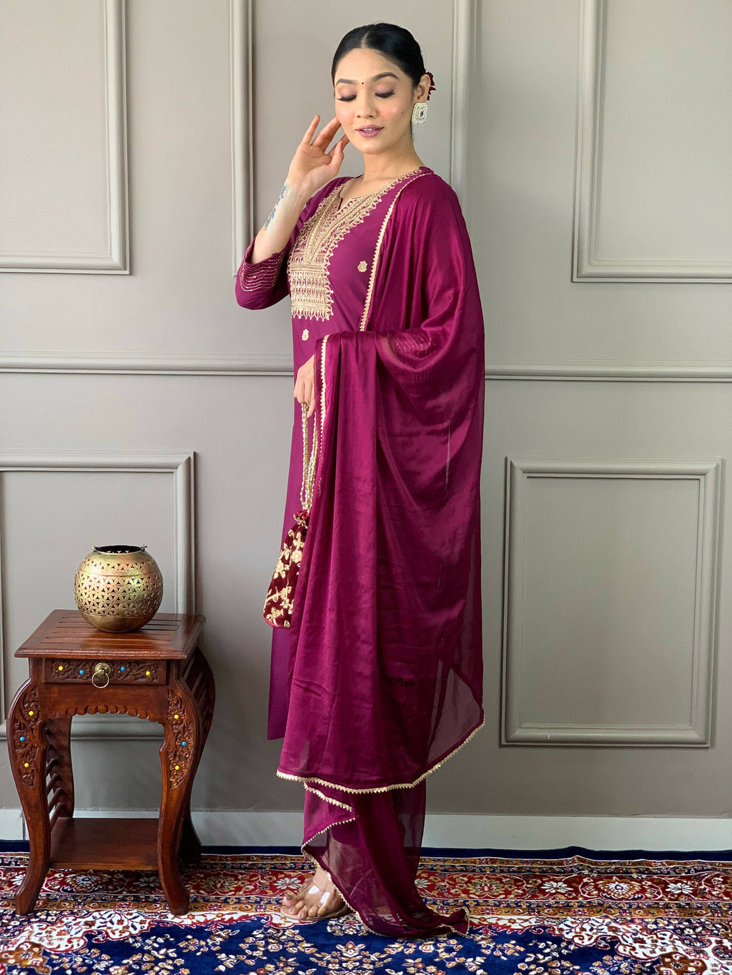 Partywear Designer Rayon Slub Wine Stitched Suit With Dupatta - Tanisha | Grocsy