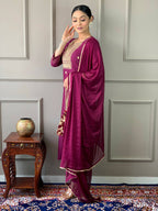 Partywear Designer Rayon Slub Wine Stitched Suit With Dupatta - Tanisha | Grocsy