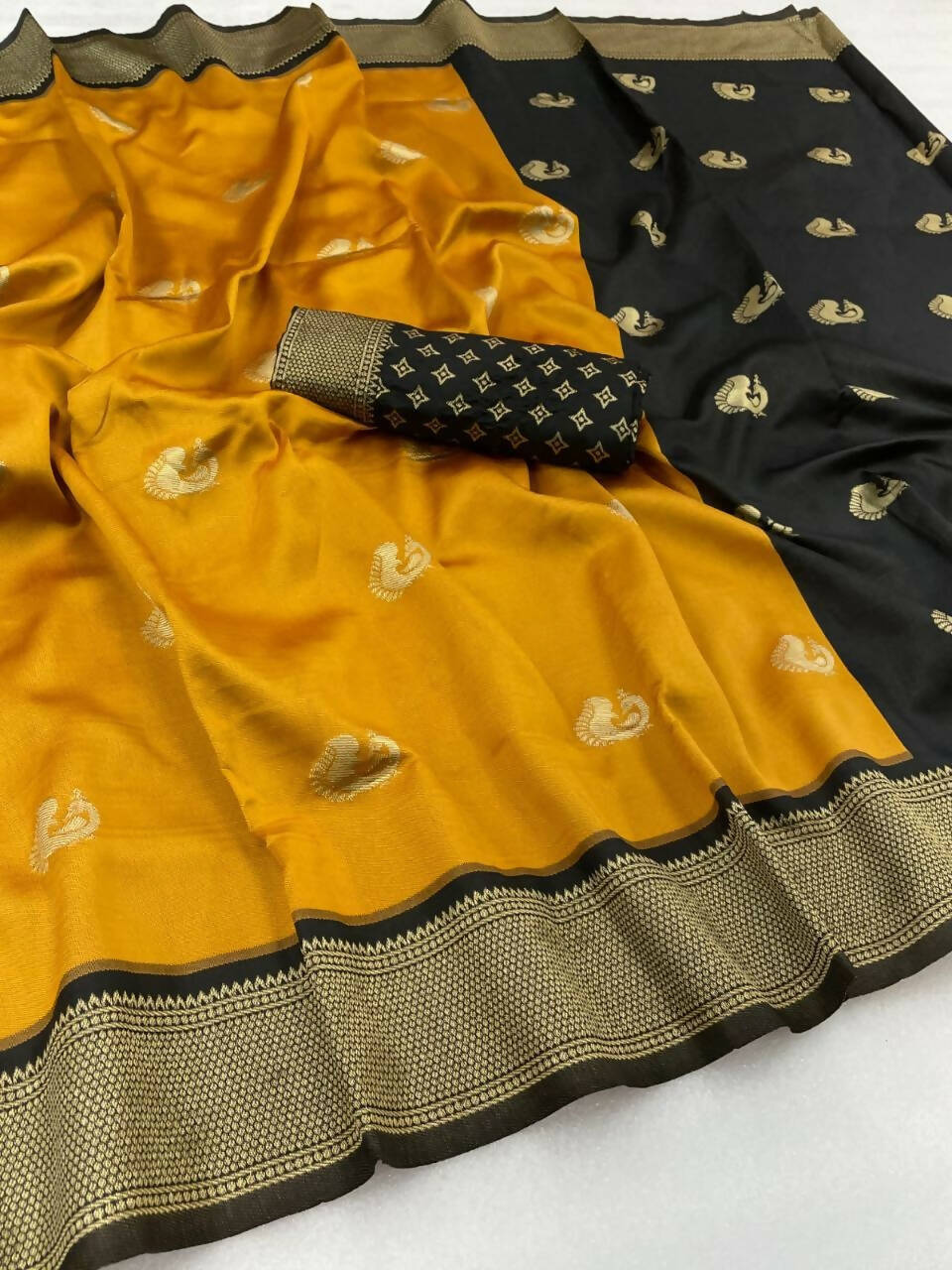 DEIANA'S Beautiful Designer Golden zari Soft Lichi Silk Saree - Yellow | Grocsy
