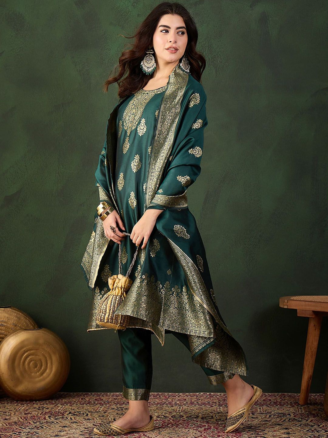 Sangria Woven Design Kurta & Trouser With Dupatta | Grocsy