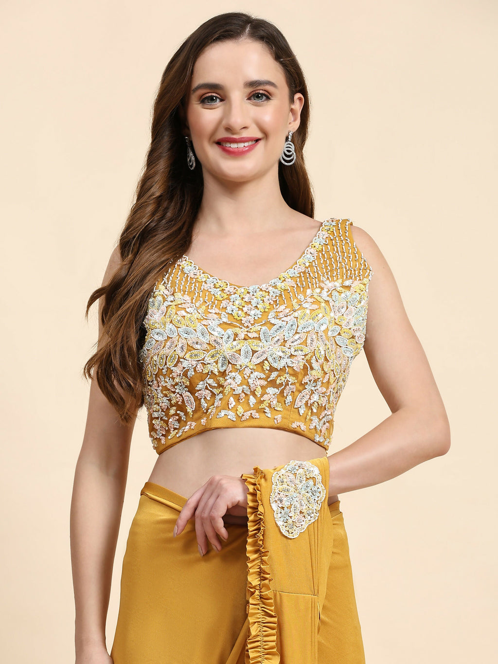 Yellow Lycra Solid Ready to wear Saree with stitched Blouse - Vanita | Grocsy