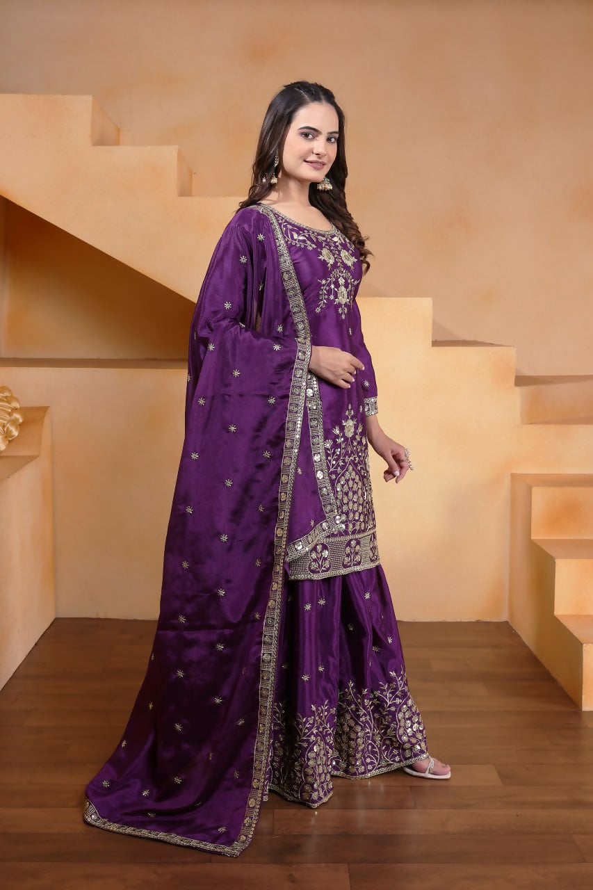 Joban Fashion Purple Silk Embroidered Sharara Set | Grocsy