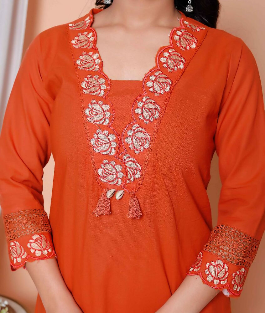 Miravan Womens Embroidered Cotton Kurta With Palazzo & Dupatta Set | Grocsy