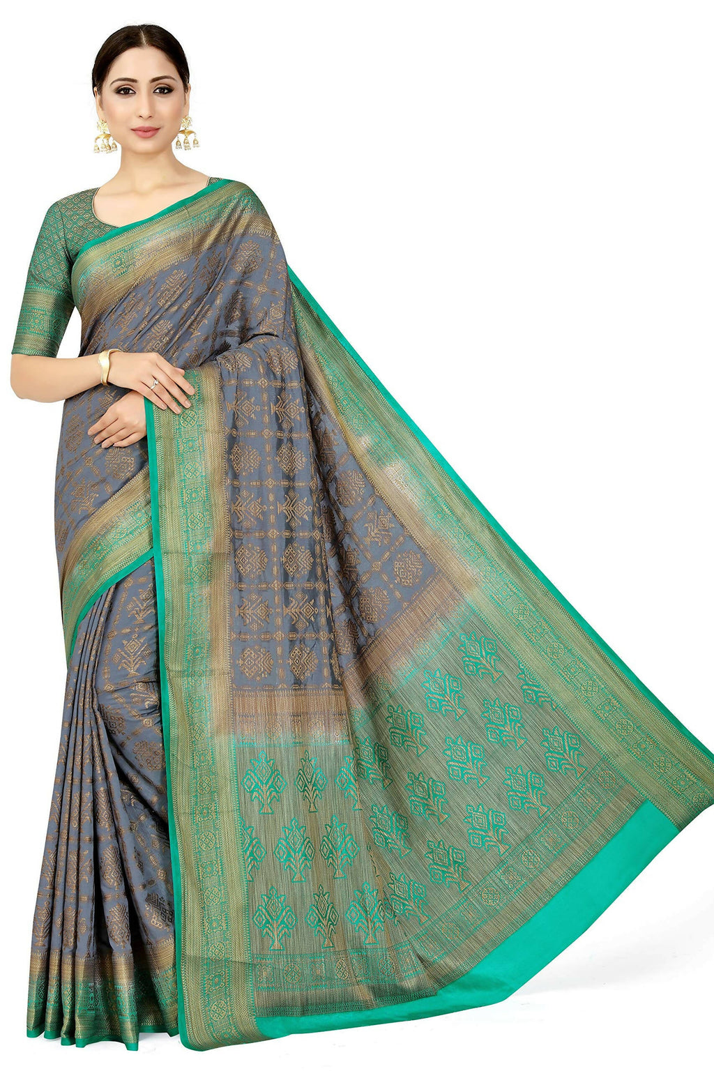 Mimosa Women's Charcoal Grey Patola Art Silk Saree | Grocsy