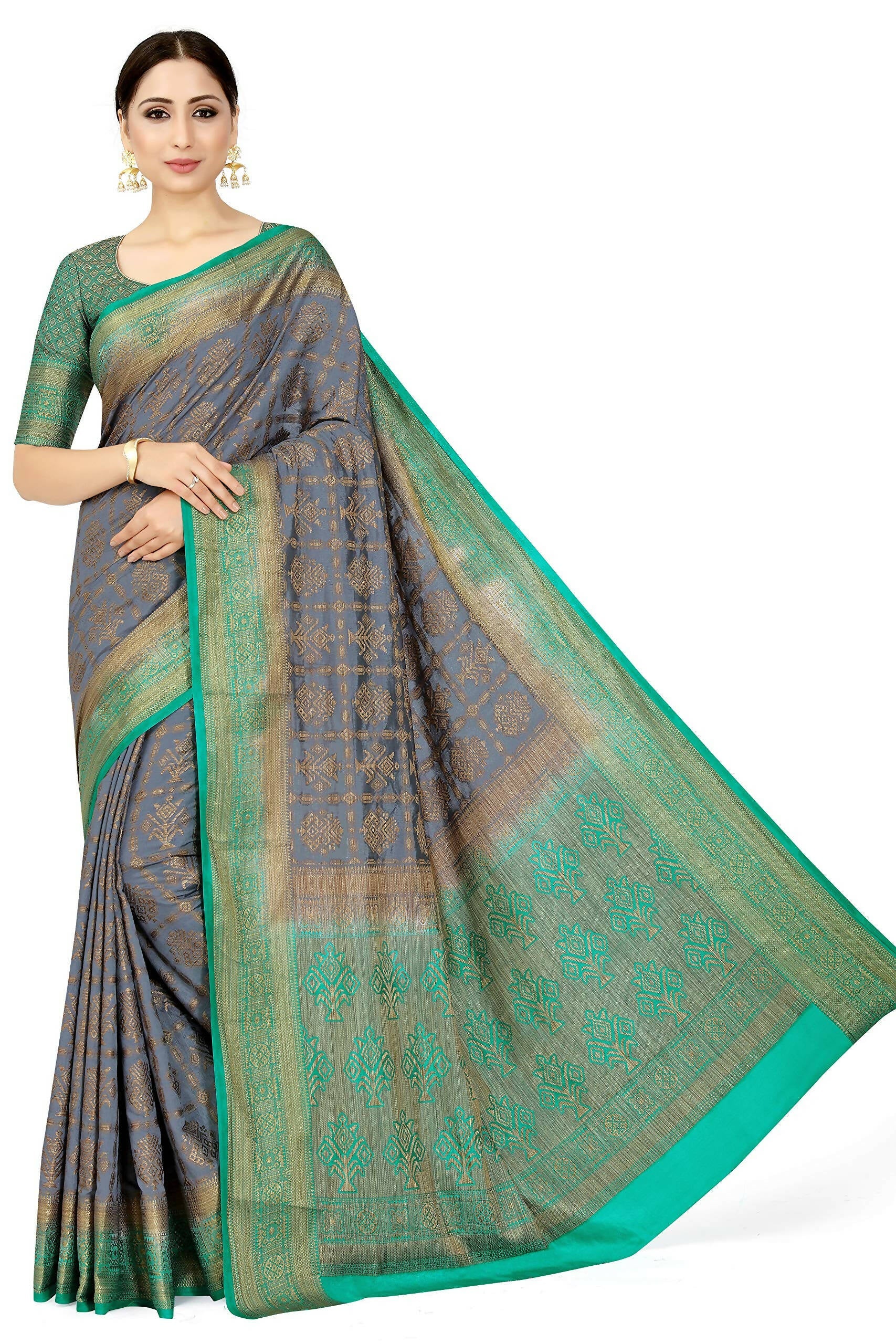Mimosa Women's Charcoal Grey Patola Art Silk Saree | Grocsy
