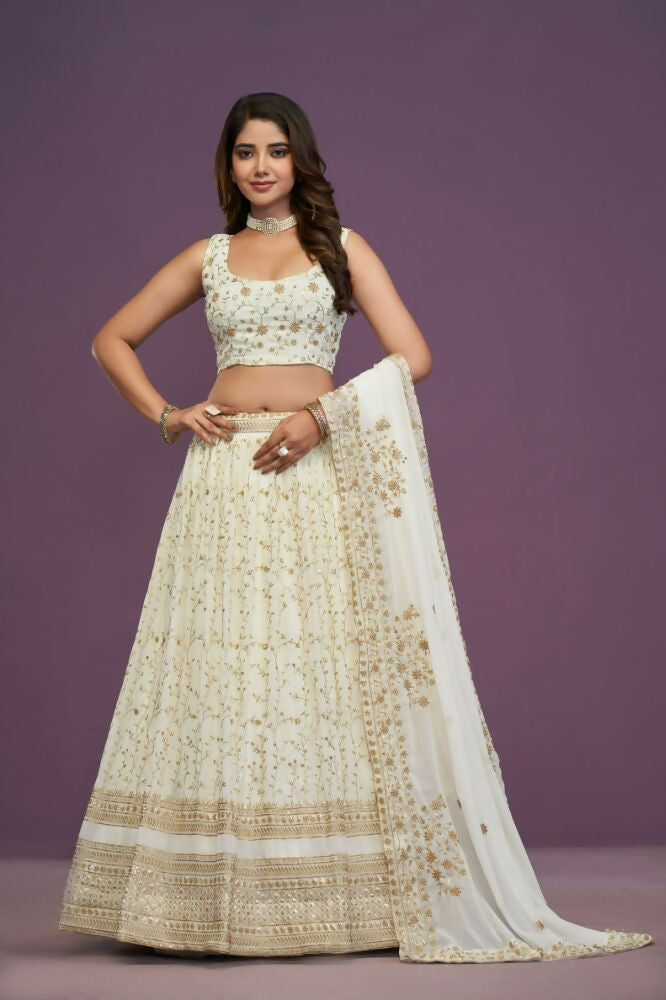 Zari Sequene Embroidery Wok Georgette White Lehenga Choli - Jihu Culture | Grocsy