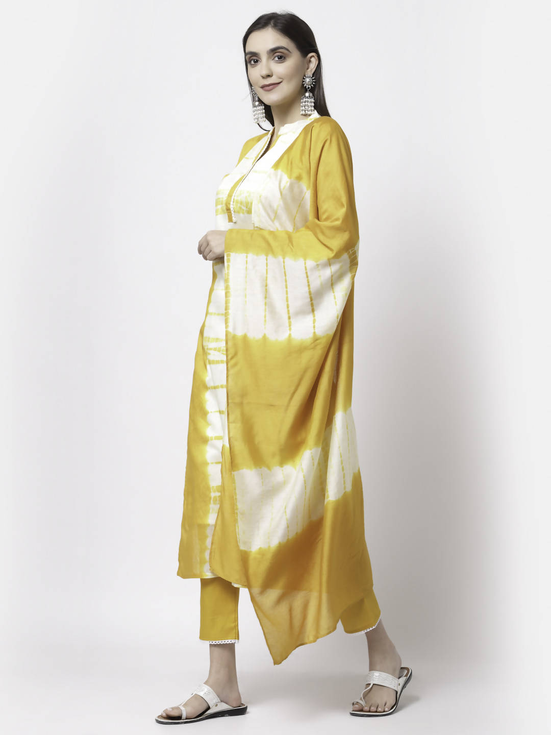 Myshka Women Yellow Viscose Printed 3/4 Sleeve Round Neck Kurta Pant Dupatta Set | Grocsy