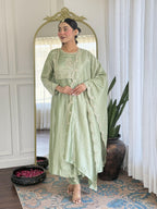 The52 Pista Women's Gorgeous Embroidered Vichitra Silk Fabric Flared Kurta Pant with Dupatta Set | Grocsy