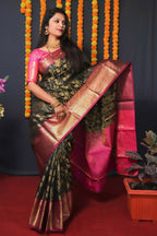 Jyoti Fashion Women's Black Kanjivaram Silk Zari Woven Saree with Blouse | Grocsy